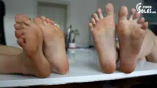 Foot size rivalry and comparing on workplace (office feet, big feet, small feet, foot teasing, toes)