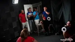 Slutty brunette gets gangbanged by 5 strangers