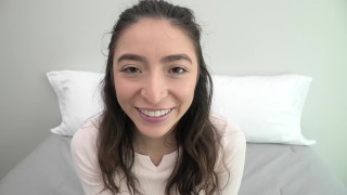 Petite 18 yr old brunette with perky tits sucks cock
