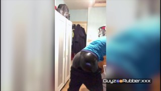 Distant Rubber Solo sees chav undress to reveal his tight rubber gear. Wanking, fleshlight & cum etc