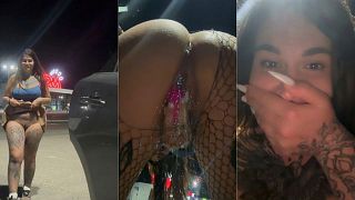 Messy squirt session in a mall parking lot — so risky and wet